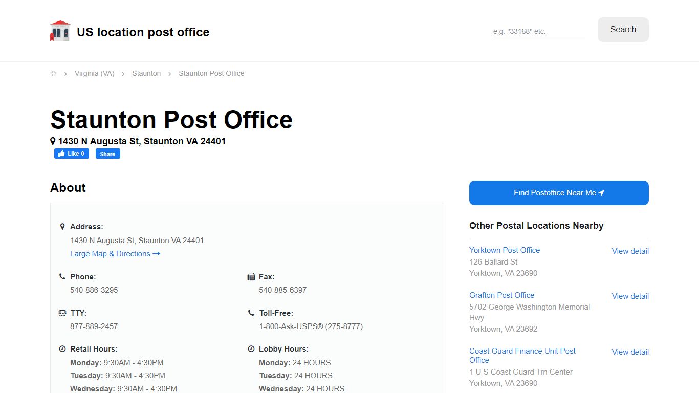 Staunton Post Office, VA 24401 - Hours Phone Service and Location