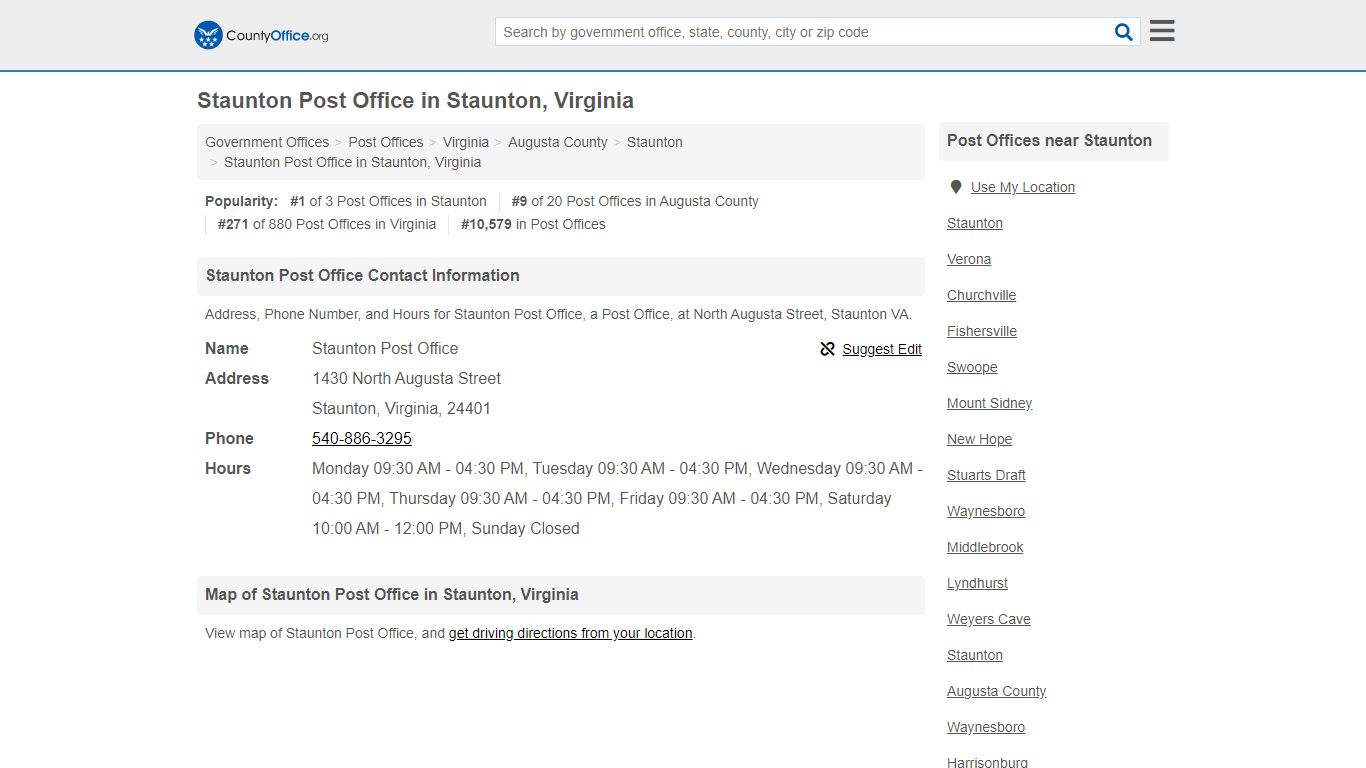 Staunton Post Office - Staunton, VA (Address, Phone, and Hours)