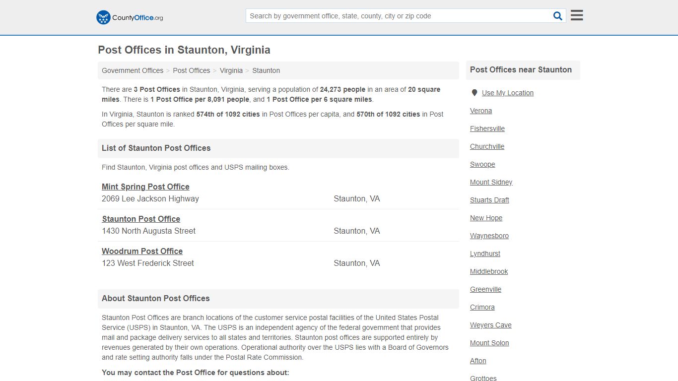 Post Offices - Staunton, VA (Mail Services & PO Boxes) - County Office